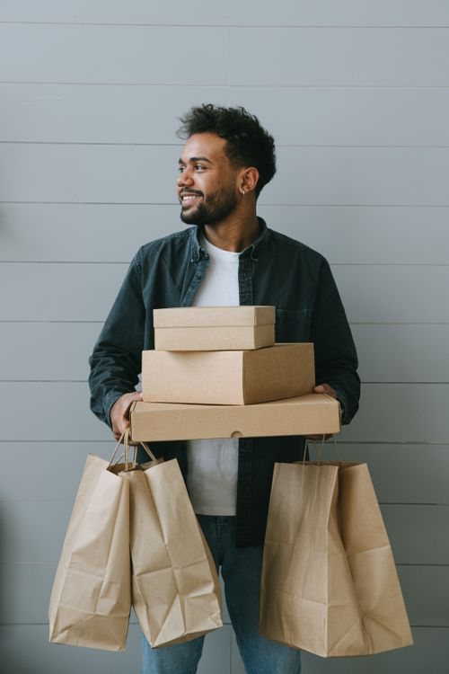 A customer with everyday purchases ready to take home